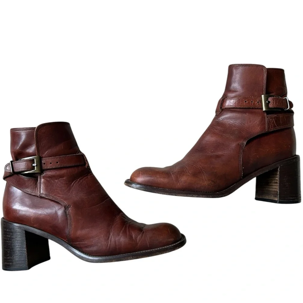 Joan & David Brown Leather Heeled Ankle Boots Italy Buckle Strap EU 40.5 Chelsea - Picture 14 of 14